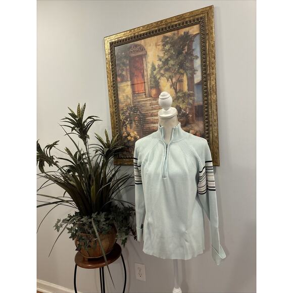 Daisy Fuentes Ribbed 1/4 Zip Sweater Long Sleeve High Neck Light Blue White Gray - Picture 2 of 6